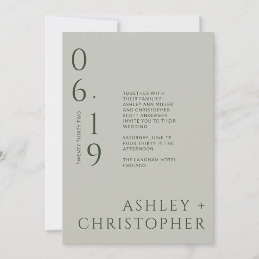 Moderne Minimale Sage & Mos Split Datum Bruiloft Kaart (Voorkant)