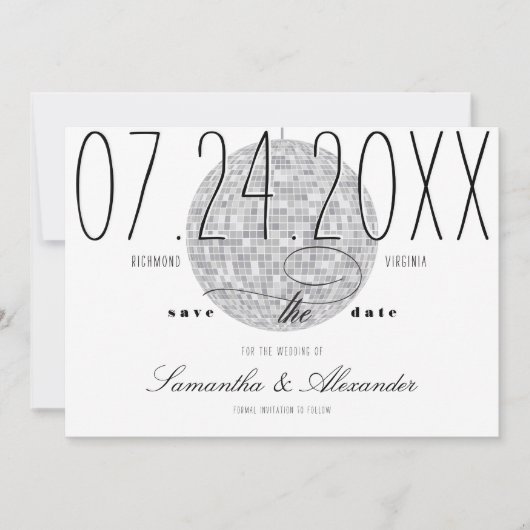 Moderne Minimale Script Disco Bal Oude Geld Huweli Save The Date (Voorkant)