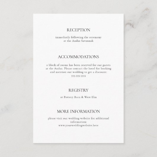 Moderne minimale script kalligrafie bruiloft detai informatiekaartje (Achterkant)