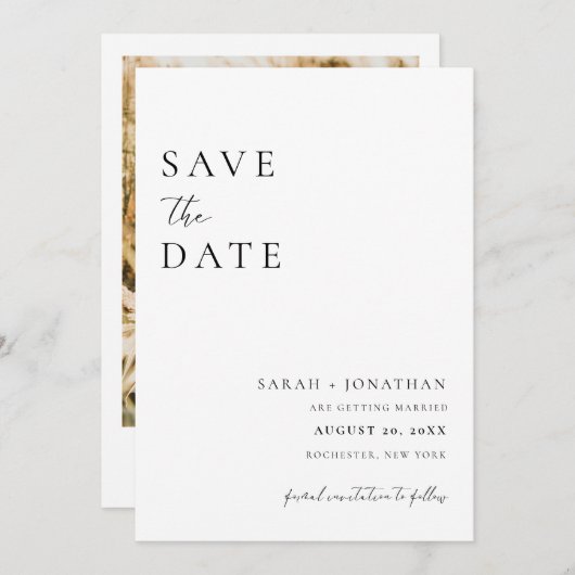 Moderne minimale script Save The Date foto Kaart (Voorkant / Achterkant)