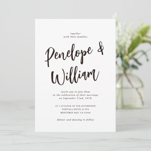 Moderne minimale script zwart-witbruiloft kaart (Staand voorkant)