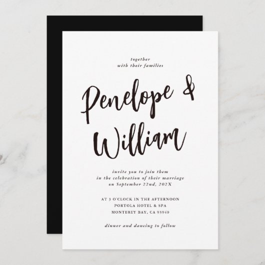 Moderne minimale script zwart-witbruiloft kaart (Voorkant / Achterkant)