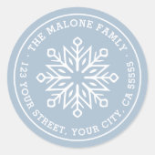 Moderne minimale sneeuwvlok stoffig blauw retourad ronde sticker (Voorkant)