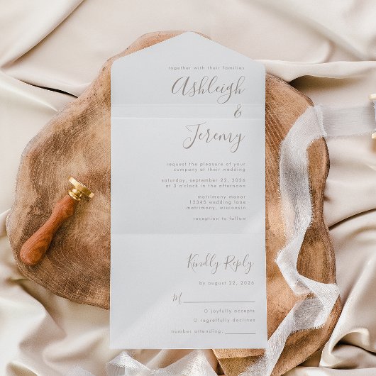 Moderne minimale Taupe Script bruiloft All In One Uitnodiging