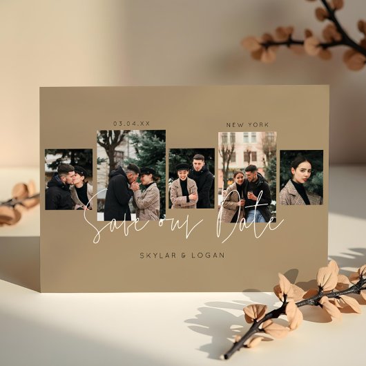 Moderne minimale Typografische Foto Collage Tan Save The Date