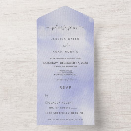 Moderne minimale Waterverf Periwinkle Geen avondet All In One Uitnodiging (Binnen)