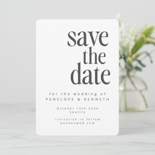 Moderne, minimale witte, eenvoudige bruiloft save the date (Staand voorkant)
