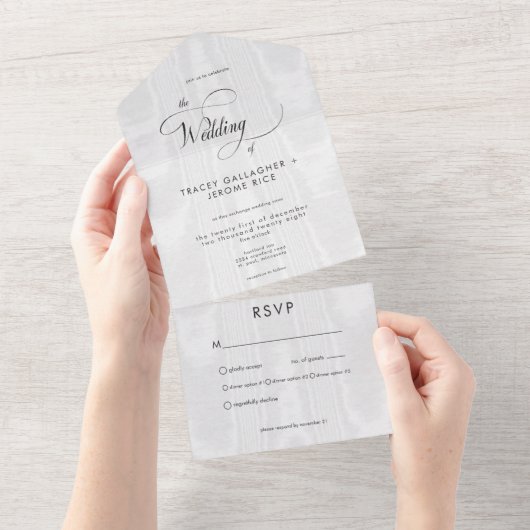 Moderne minimale witte satijnen taffeta diner all in one uitnodiging (Afscheurbaar)