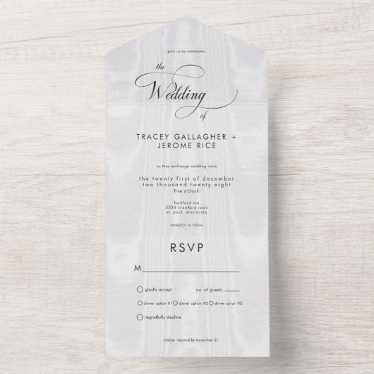 Moderne minimale witte satijnen taffeta diner all in one uitnodiging (Binnen)