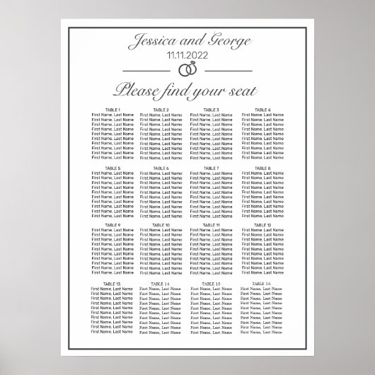 Moderne minimale witte zittingsgrafiek 16 tabellen poster (Voorkant)