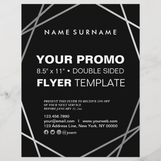 Moderne, minimale zilverzwarte geometrische 8,5 x flyer (Voorkant)