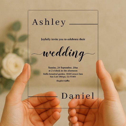 Moderne minimale zwart-wit elegante bruiloft acryl uitnodigingen