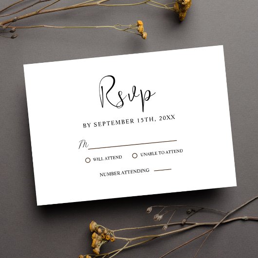 Moderne minimale zwart-wit elegante bruiloft RSVP kaartje