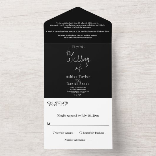 Moderne minimale zwart-wit kalligrafie bruiloft all in one uitnodiging (Binnen)