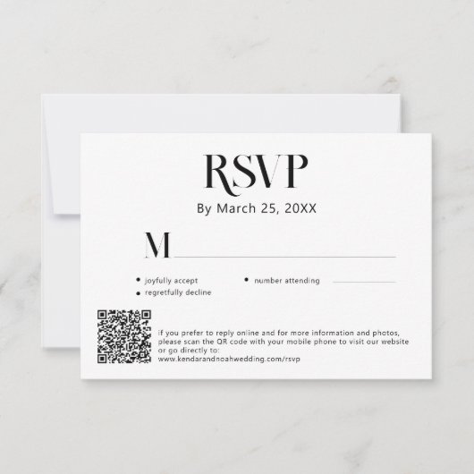 Moderne minimale zwart-wit QR code bruiloft RSVP Kaartje (Voorkant)