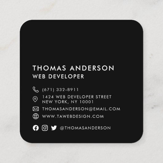 Moderne minimale zwarte aangepaste QR-code sociale Vierkante Visitekaartje (Achterkant)