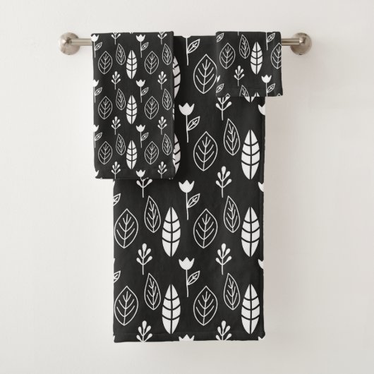 Moderne minimale zwarte en witte botanische blader bad handdoek (Insitu)