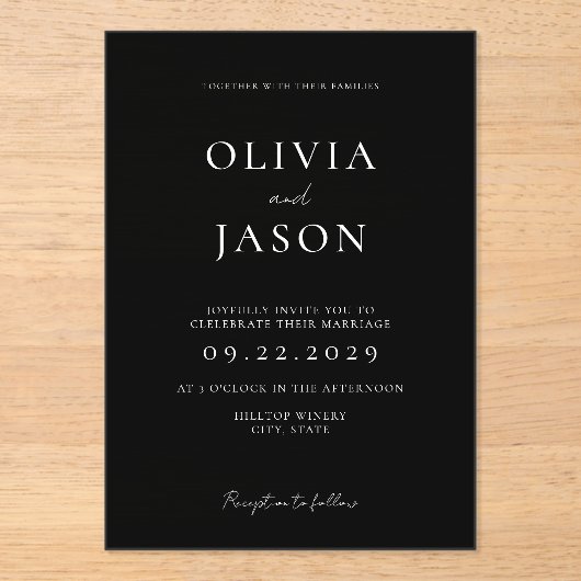 Moderne minimale zwarte en witte bruiloft acryl uitnodigingen (Voorkant)