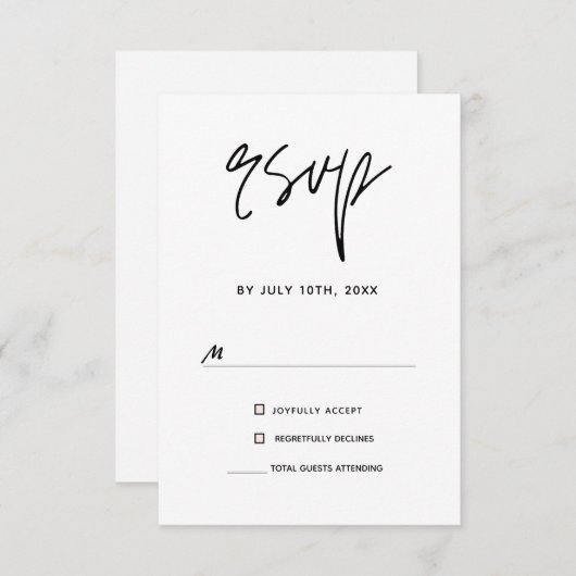 Moderne, minimale zwarte en witte bruiloft RSVP kaartje (Voorkant / Achterkant)