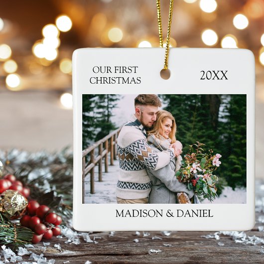 Moderne minimalist Onze eerste Kerstfoto Keramisch Ornament