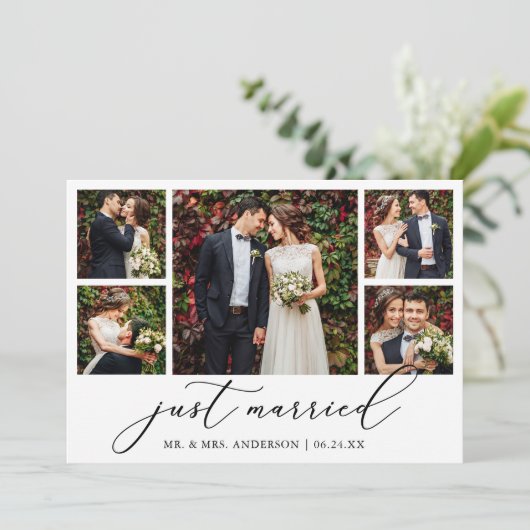 Moderne minimalistische 5 foto's kalligrafie bruil aankondiging (Staand voorkant)