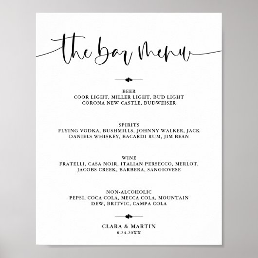 Moderne minimalistische Bar Menu Proost Trouwbord Poster (Voorkant)
