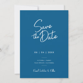 Moderne Minimalistische Blauwe Script Foto Bruilof Save The Date