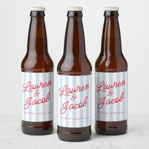 Moderne Minimalistische Blauwe Strepen Rode Trouw Bier Etiket