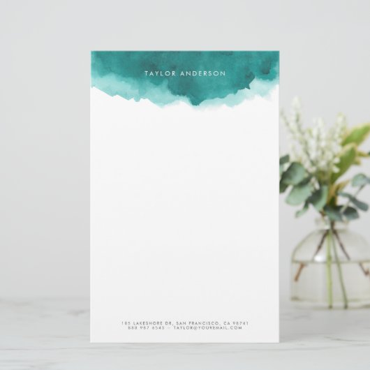 Moderne minimalistische Blauwgroen Waterverf Splas Briefpapier (Staand voorkant)