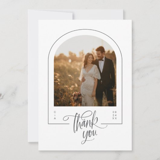 Moderne minimalistische boog foto bruiloft bedankkaart (Voorkant)