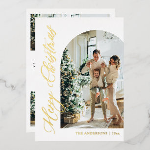 Moderne minimalistische boogfoto vrolijk kerstgoud folie feestdagenkaart