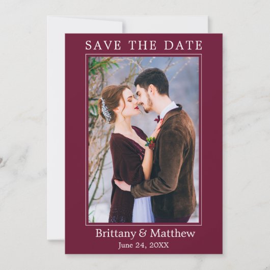 Moderne minimalistische Bourgundy Save The Date (Voorkant)
