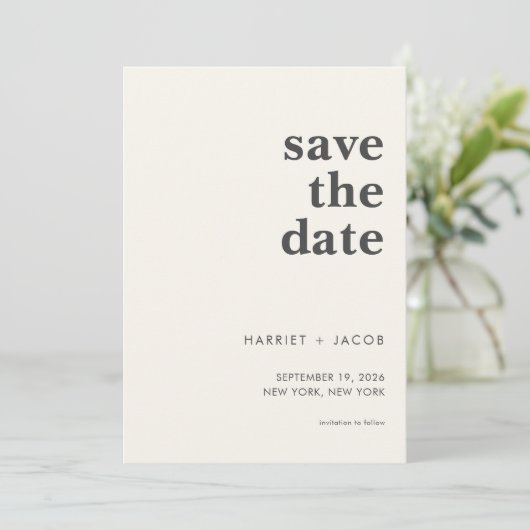 Moderne minimalistische bruiloft bespaart datum save the date (Staand voorkant)