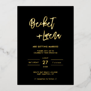 Moderne, minimalistische bruiloft zwart en goud folie uitnodiging