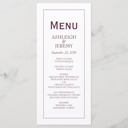 Moderne minimalistische brute bruidsbruiloft menu (Voorkant)