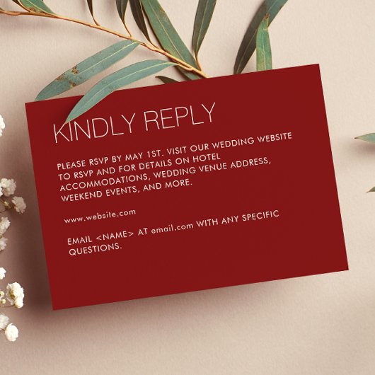 Moderne minimalistische Crimson rode bruiloft RSVP Kaartje