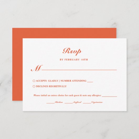 Moderne minimalistische Deep Oranje Maaltijdkeuze RSVP Kaartje (Voorkant / Achterkant)