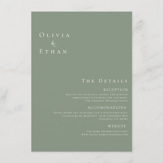 Moderne minimalistische details over groene bruilo informatiekaartje (Voorkant)
