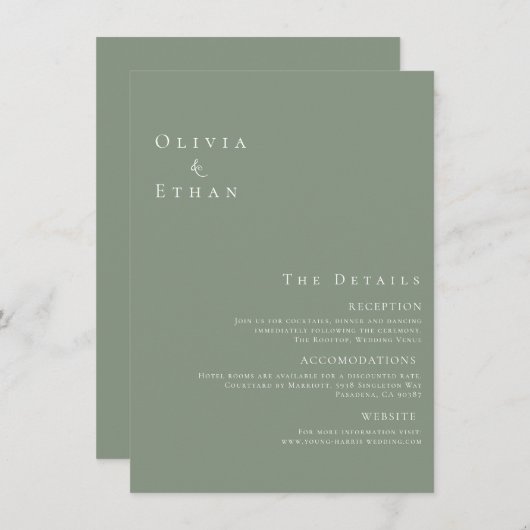 Moderne minimalistische details over groene bruilo informatiekaartje (Voorkant / Achterkant)