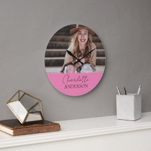 Moderne minimalistische eenvoudige naam foto roze grote klok