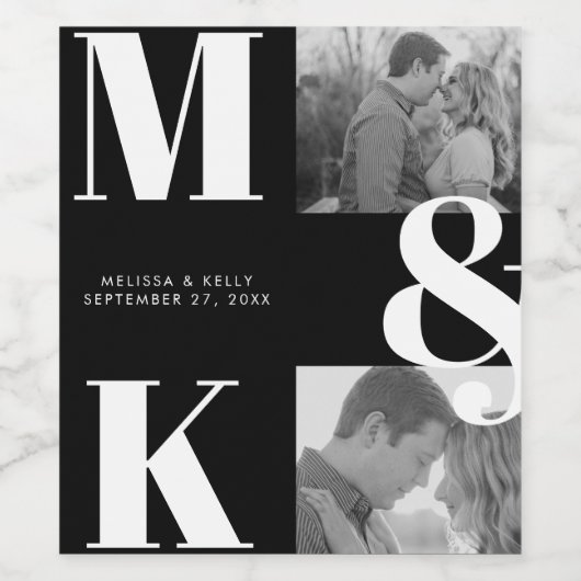 Moderne minimalistische foto bruiloft vet monogram wijn etiket (Enkel label)