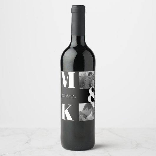 Moderne minimalistische foto bruiloft vet monogram wijn etiket (Voorkant)