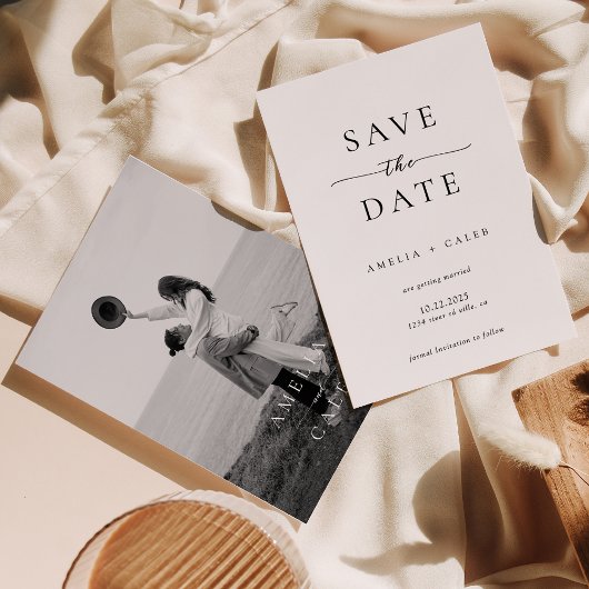 Moderne minimalistische fotobruiloft bespaart datu save the date