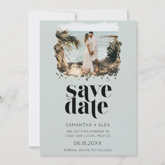 Moderne minimalistische fotobruiloft bespaart datu save the date (Achterkant)