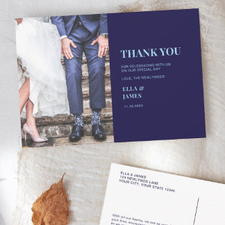 Moderne minimalistische fotomarineverbinding blauw bedankkaart