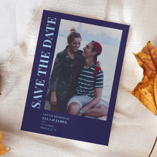 Moderne minimalistische fotomarineverbinding blauw save the date