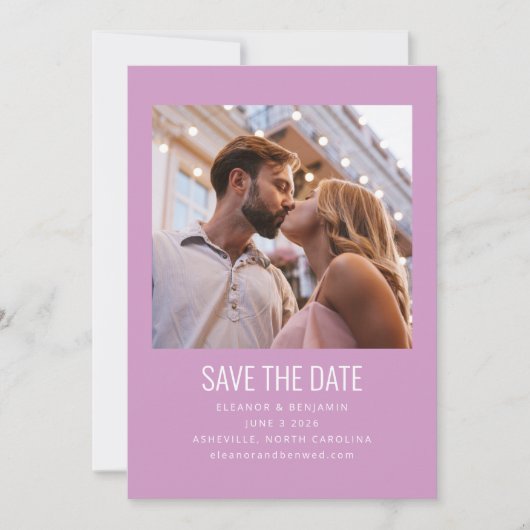 Moderne minimalistische fotoweddenschap Paars Save The Date (Voorkant)