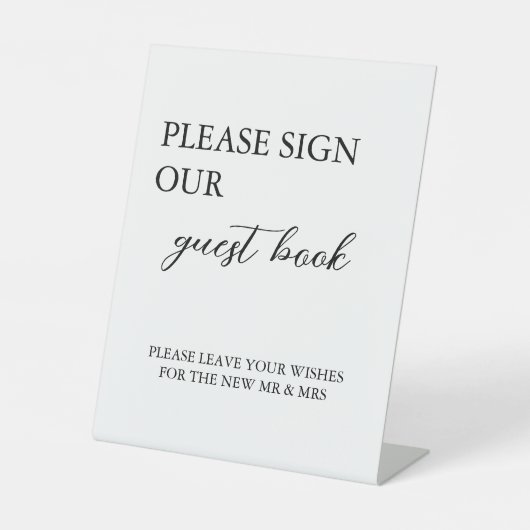 Moderne minimalistische gastenboek bruiloft reclamebord met voetstuk (Voorkant)