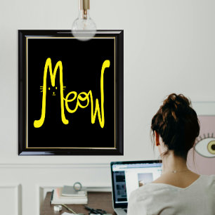 Moderne Minimalistische Gele En Zwarte Kat Typogra Poster
