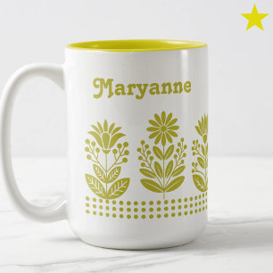 Moderne Minimalistische Gele Volkskunst Bloemen Aa Tweekleurige Koffiemok